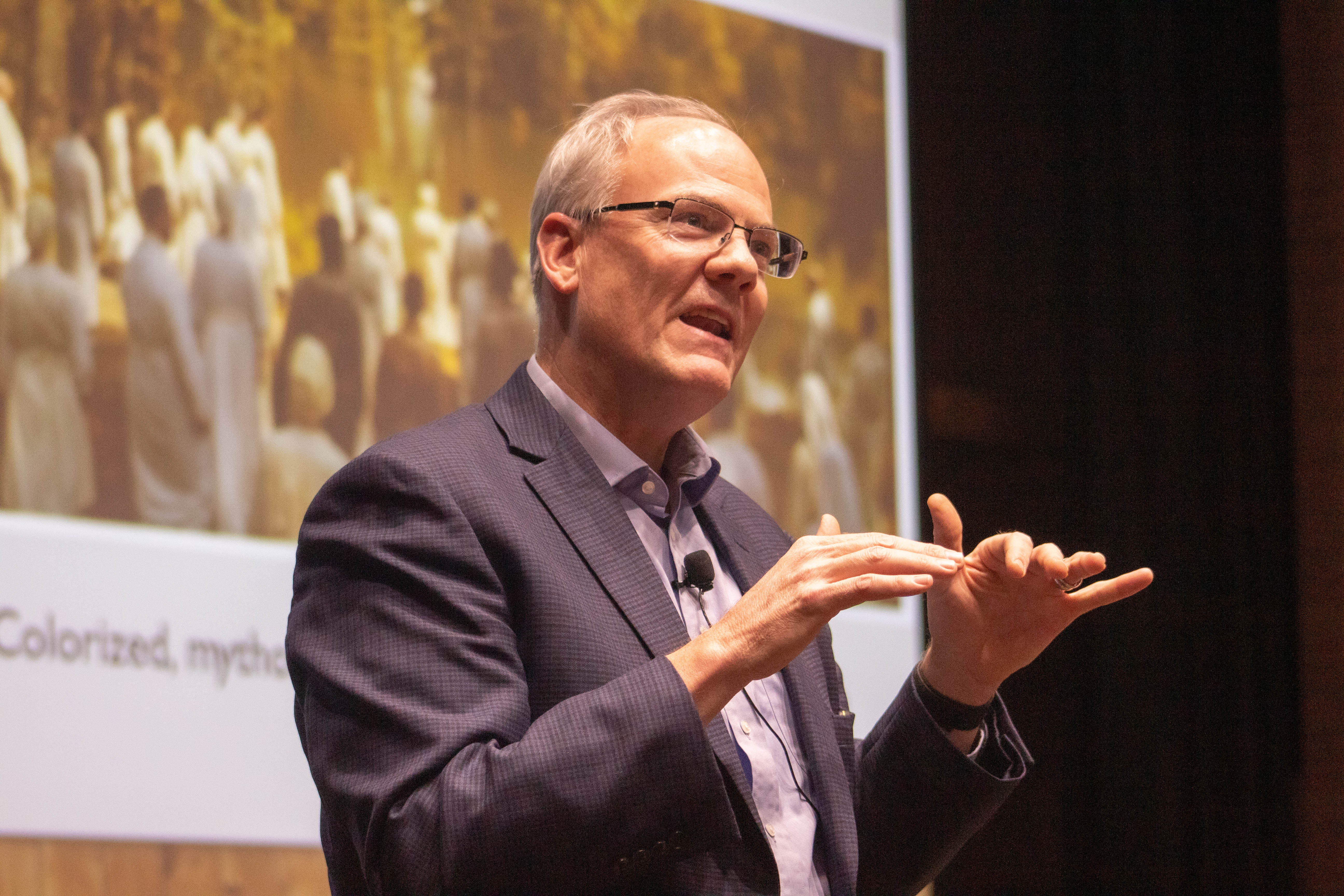 Dr Roger Mcfarlane lecturing on O Brother Where Art Thou? at BYU International Cinema